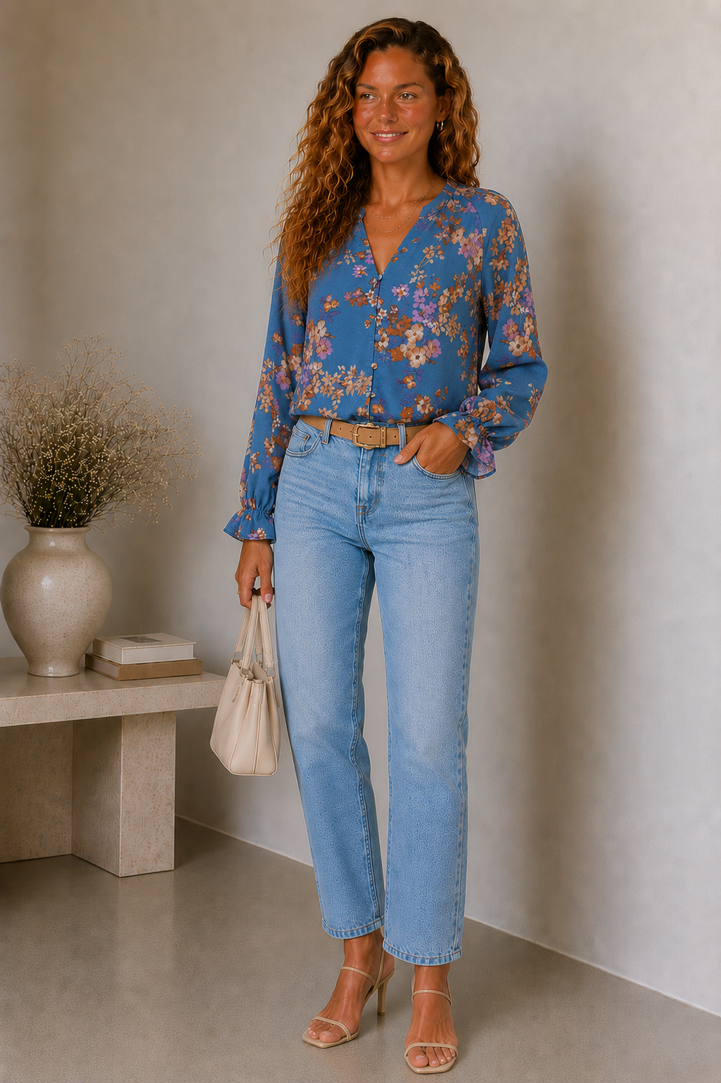 Lunoria | Bloemenprint Blouse met V-Hals en Ruchemouwen