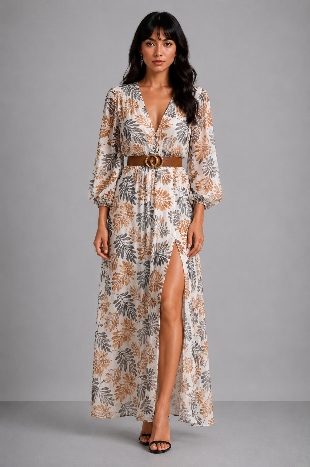 Lunoria | Zomerjurk met V-Hals en Bladerenprint