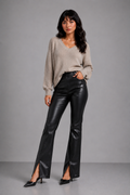 Lunoria | Leren Look Broek met Split en Hoge Taille