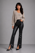 Lunoria | Leren Look Broek met Split en Hoge Taille