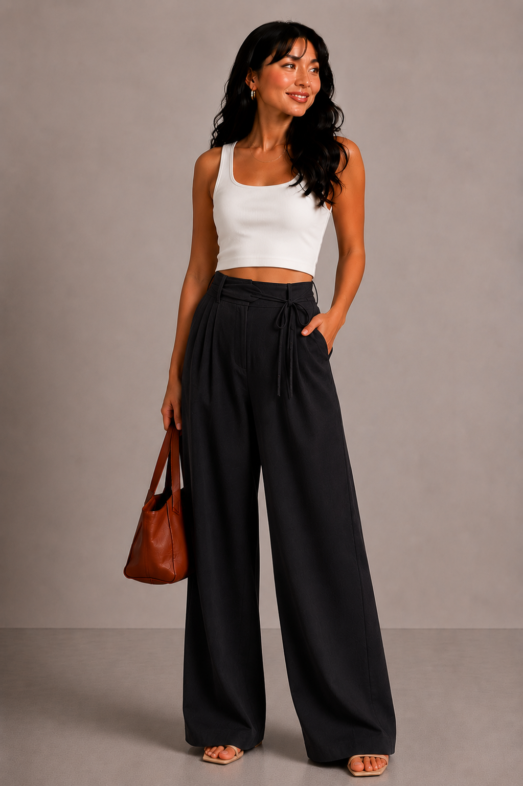 Lunoria | Wijde Broek met Taille Strik en Elegante Pasvorm