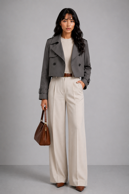 Lunoria | Cropped Trenchcoat met Dubbele Knopen en Brede Kraag
