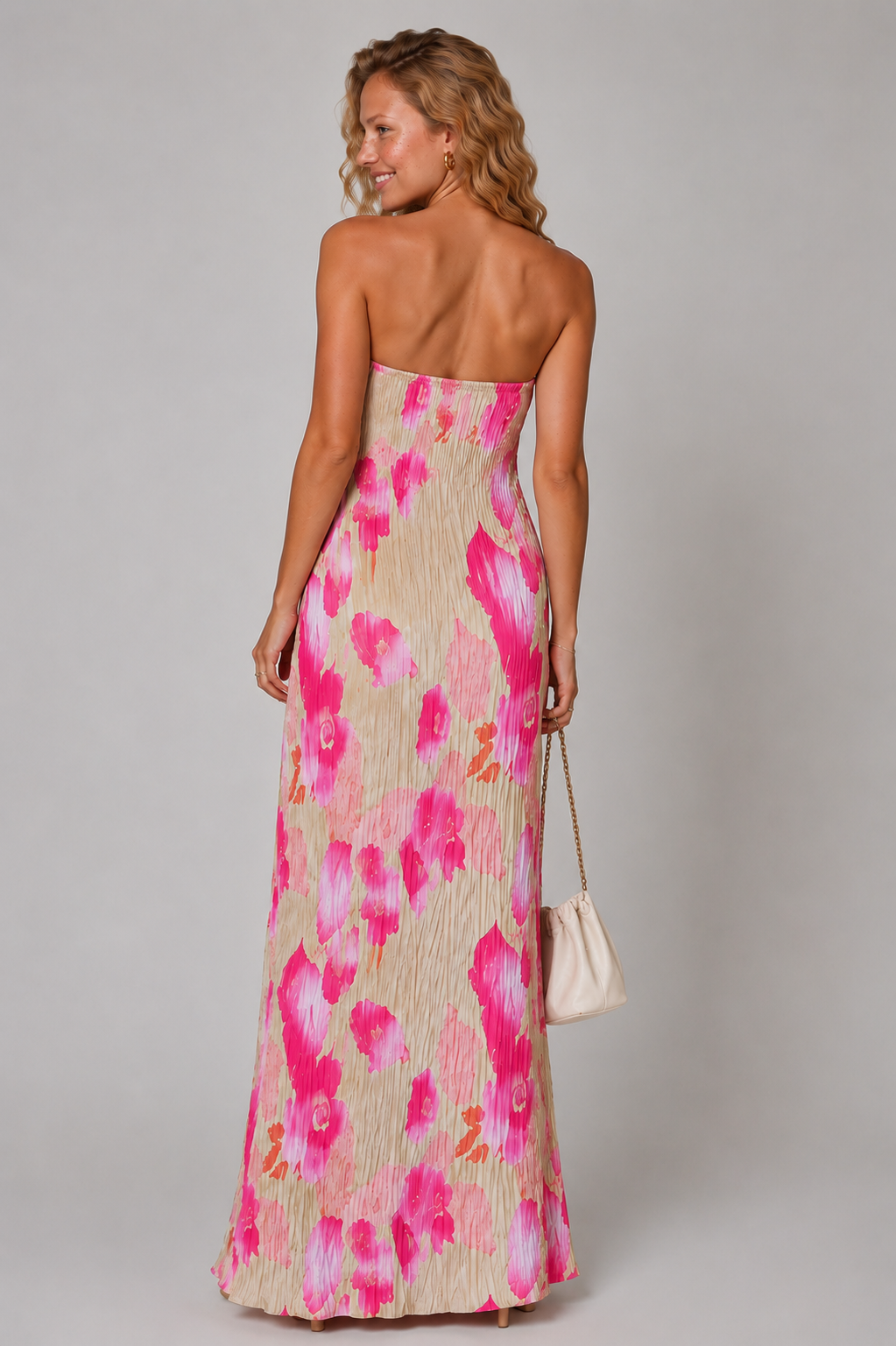 Lunoria | Strapless Plissé Maxijurk met Bloemenprint