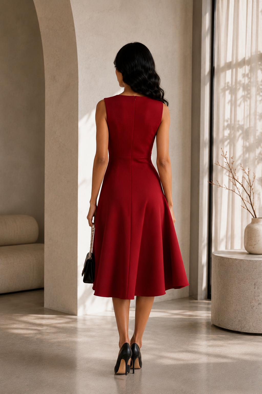 Lunoria | Asymmetrische Midi Jurk met Tailleaccent en Zwierige Rok