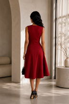 Lunoria | Asymmetrische Midi Jurk met Tailleaccent en Zwierige Rok