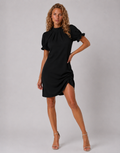 Lunoria | Zwarte Midi Jurk met Pofmouwen en Elegante Bodycon Pasvorm