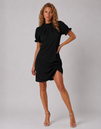 Lunoria | Zwarte Midi Jurk met Pofmouwen en Elegante Bodycon Pasvorm